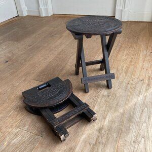 Vintage Peruvian Wood & Leather Foldable Stools (Set of 2)